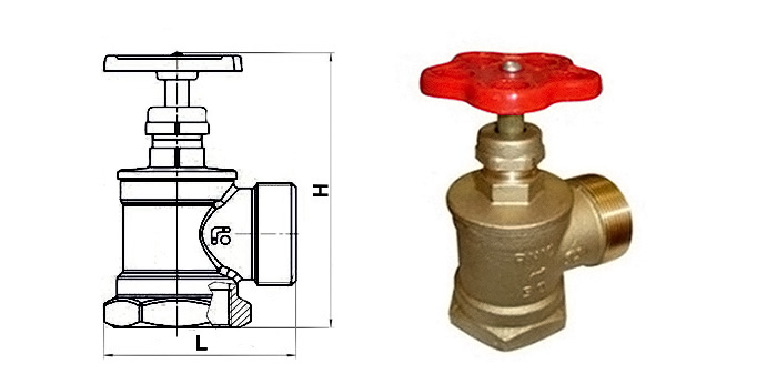 Вентиль латунный пожарный угловой Ру 16