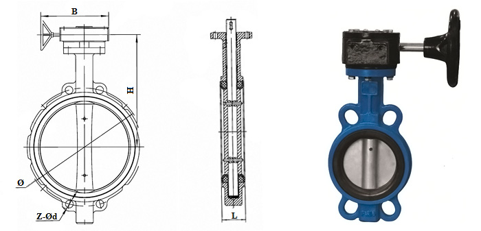 Затвор баттерфляй с оцинкованным диском в комплекте с ручным редуктором и уплотнением EPDM